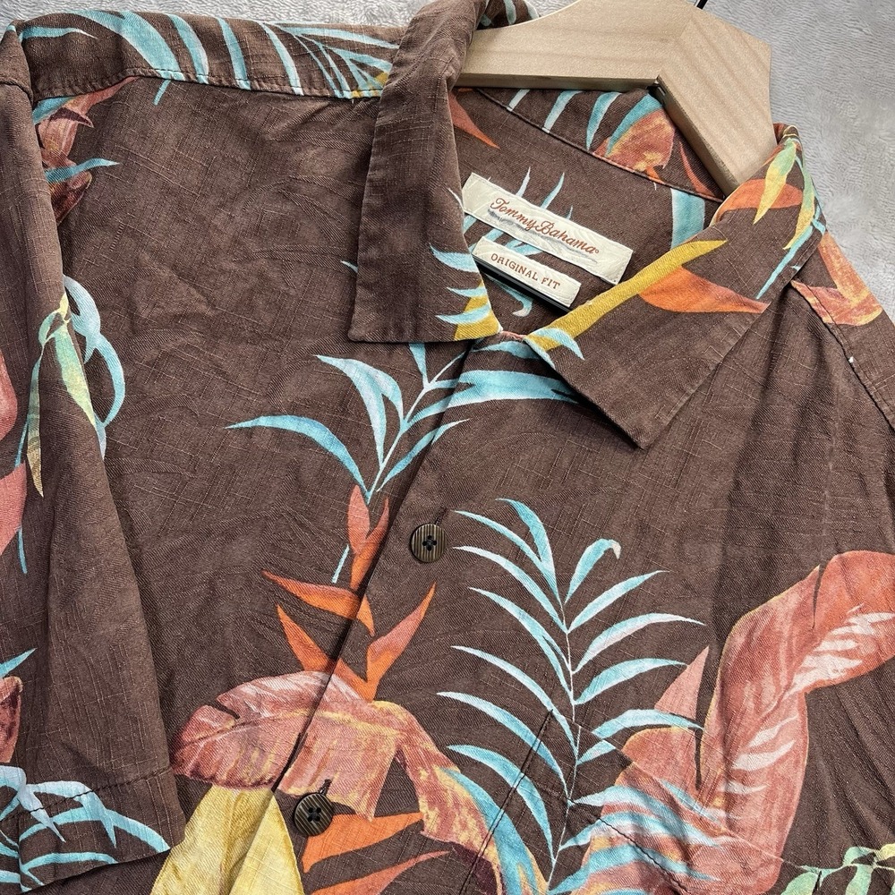 Tommy Bahama Shirt Mens Large Brown Floral 100% Silk Short Sleeve Original Fit